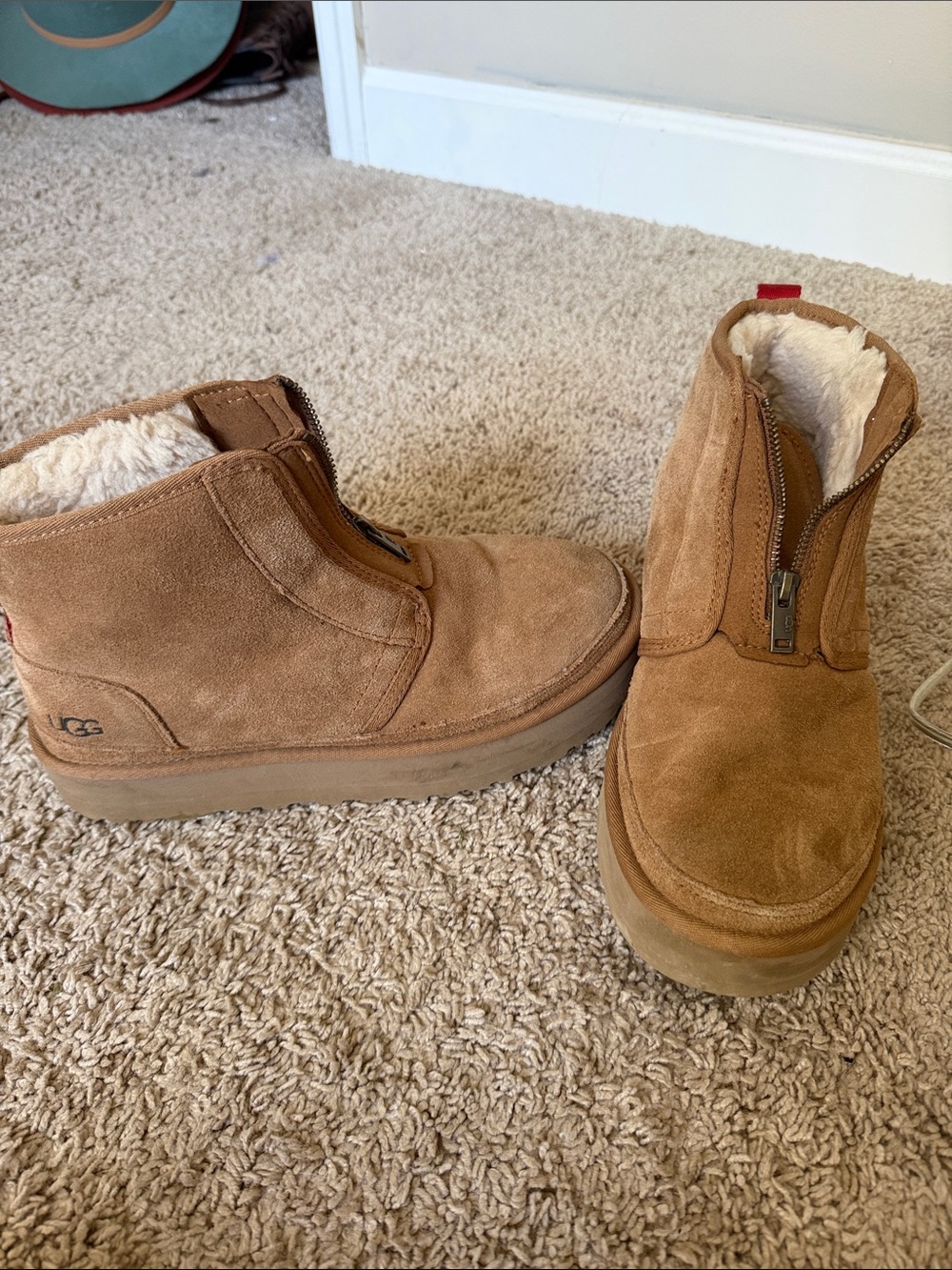 UGG women’s platform Chestnut Suede Zip Booties with Shearling